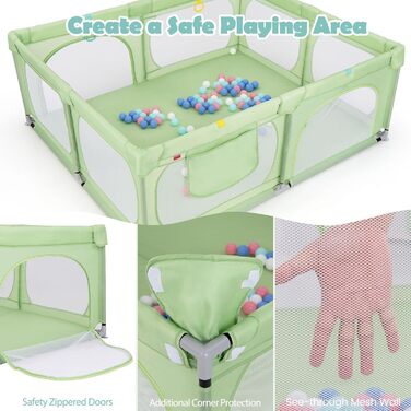 LIFEZEAL Playpen Baby 189 x 158 cm, Safety Play Area Children's Playpen with Super Soft, Foldable Baby Playpen made of Oxford Cloth with Handbag, 50 Ocean Balls, 4 Toddler Rings (Green)