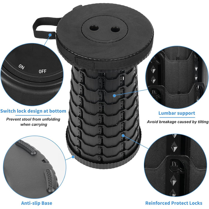 Крісло-телескоп для кемпінгу, регулювання висоти 6-45 см, вантажопідйомність 181 кг, портативне з ремінком для перенесення (Чорний, 2 шт.)