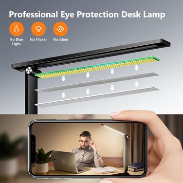 LED лампа настільна для дому та офісу, 15 режимів, денне світло, 1000LM, регулювання яскравості, 3600mAh, чорний колір