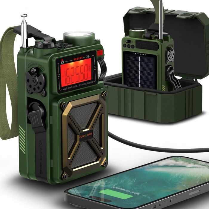Радіо на сонячній батареї FosPower D9 з ліхтариком, AM/FM/WB, Power Bank 4000 mAh - Темно-зелений