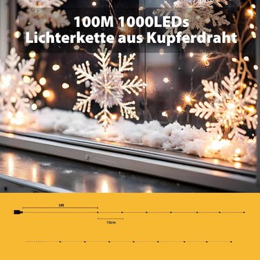 SALCAR 100 метрів LED гірлянда на мідному дроті, 1000 світлодіодів, 8 режимів, вологостійка, для декорування ялинки, кімнати, саду, вечірки, весілля, тепле біле світло