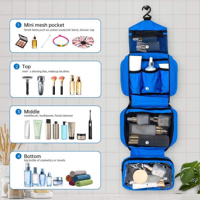 Сумка для туалетних аксесуарів на блискавці, дорожня, унісекс, з 4 відділеннями, Caping Oxford (Блакитний)