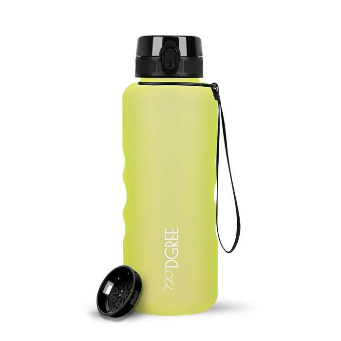 Пляшка спортивна 720°DGREE 'uberBottle' з ситечком, Tritan, 1.5 л, жовта - для спорту, школи, дітей, фітнесу, велосипеда, прогулянок. Без BPA, м'яка на дотик.