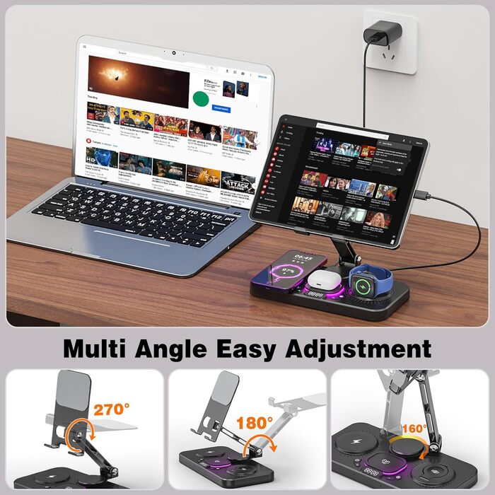 Бездротова зарядна станція 4-в-1 для iPhone, складаний тримач для планшета, індуктивне зарядне для iPhone 16/15/14/13/12/11 та iWatch