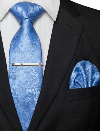 Чоловіча краватка та хустинка JEMYGINS з квітковим малюнком та затискачем для краватки (Небесно-блакитний/Волошковий)