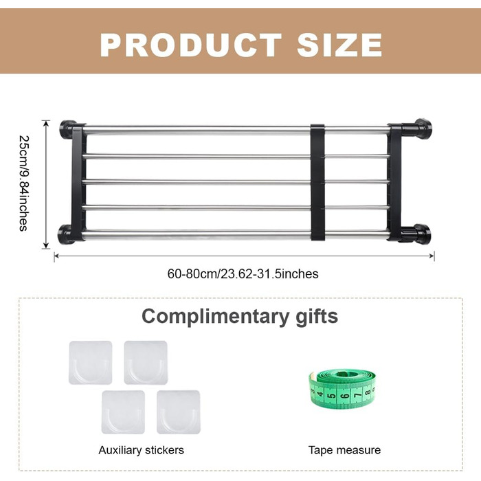 Hershii Extendable Closet Shelf, Retractable Closet Organizer, Adjustable Closet Divider, Pull-Out Closet Rod, Closet Metal Storage, for Wardrobe, Kitchen, Bathroom, Black (60-80cm/23.62-31.5inches)