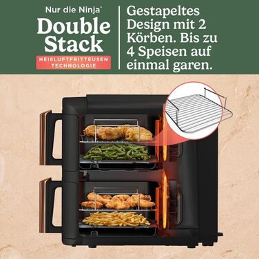 Ninja Double Stack XL Air Fryer, 2 vertical drawers, 4 cooking levels, 2 compartments, space-saving design, 9.5 L capacity, 6 functions, 8 portions, tongs, Black/Copper SL400EUCP Stacked 9.5L Copper/Black