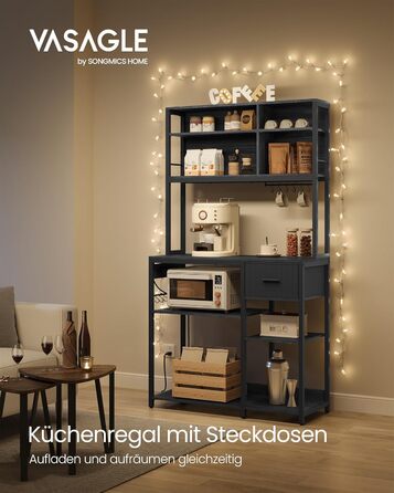 Стелаж кухонний VASAGLE з розетками, 40 x 100 x 180.4 см, з регульованими полицями, ящик з тканини, 12 гачків, антрацит-чорний