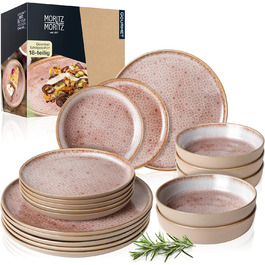 Moritz & Moritz TERRA 18-piece Dinnerware Set - 6 Place Settings - Plate Set in delicate Terracotta from high-quality porcelain - Dinnerware Set for 6 with 6 dinner plates, dessert plates, and bowls each - Terracotta 18-piece Dinnerware Set