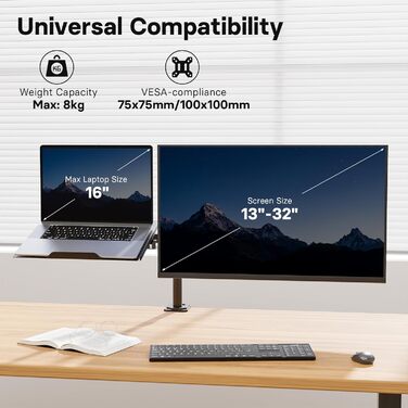 Кріплення для монітора Redbat з відділенням для ноутбука, Dual Screens, повністю регульоване для LCD LED екранів 13-32 дюймів до 8 кг та ноутбуків до 16 дюймів, нахил, поворот та обертання, 2 способи кріплення