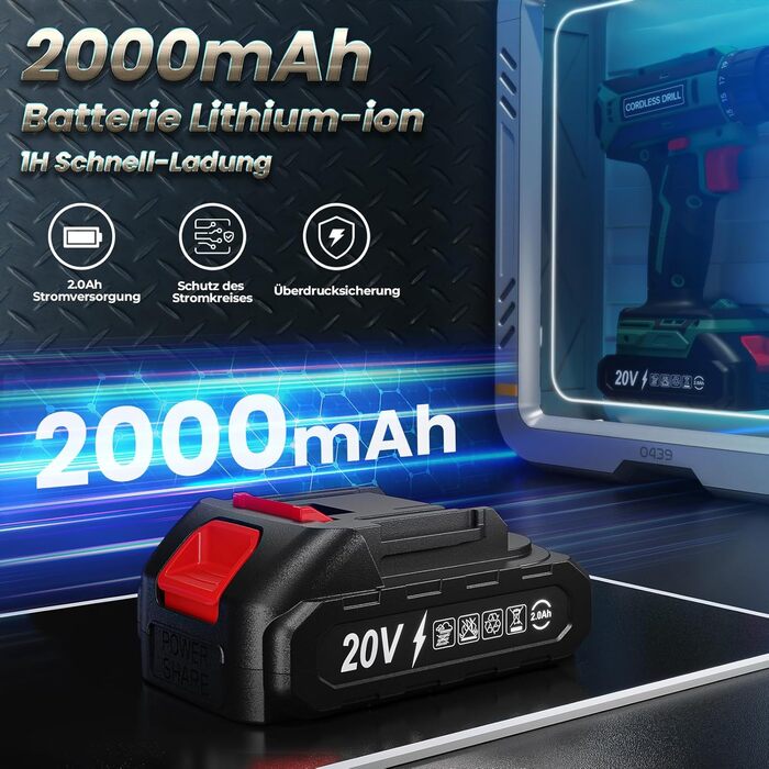 Акумуляторний шуруповерт 20V з акумулятором 2000mAh, 42Nm, 25+1 ступенів, 10мм патрон, LED-підсвітка, сумісний з Makita, для ремонту та DIY Green