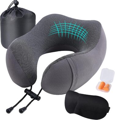 Подушка для шиї у подорожах: м'яка піна пам'яті, бавовна, U-подібна форма, з чохлом, для автомобіля, літака, офісу (сіра)