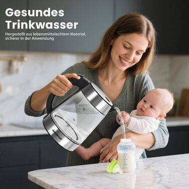 Електричний чайник Aigostar 1.7л, 2200W, LED, без BPA, скло Borosilikat, фільтр від накипу, чорний (Chubby)