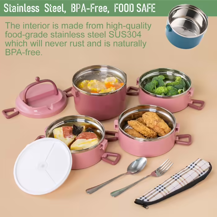 SANQIAHOME 4-Layer Multi-Layer Stackable Stainless Steel Lunch Box, Leak-Proof, Pink