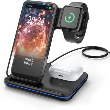 Бездротовий зарядний пристрій Minthouz 3-в-1 з адаптером 18W для Apple (iPhone, iWatch, AirPods), Qi-сумісний, чорний