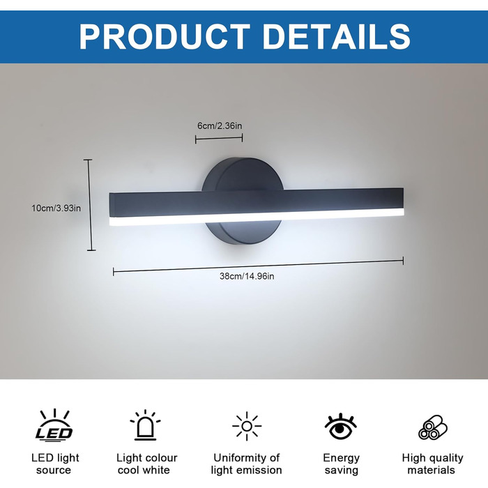 LED дзеркальна лампа Riserva 12W для ванної кімнати, поворотна 300°, 38 см, тепле світло 3000K, чорний колір