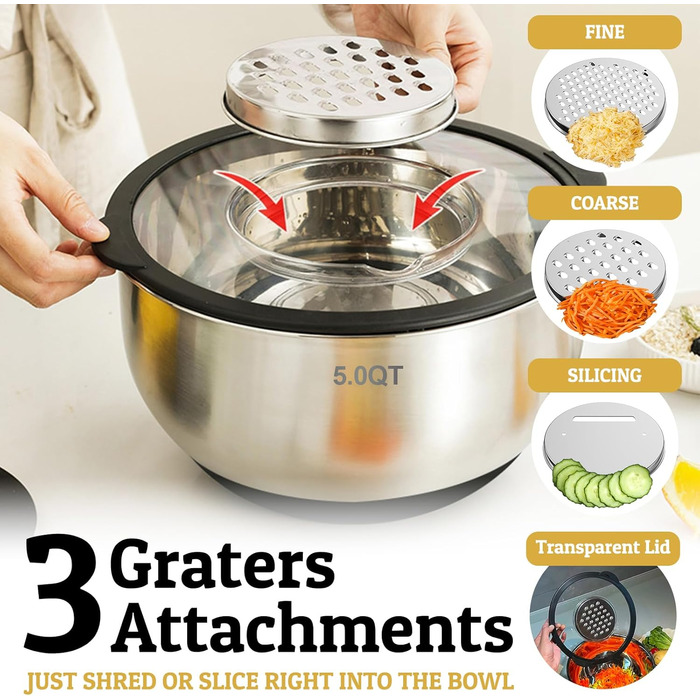 Набір мисок Deedro з прозорим кришками (5 шт.) – 4.7L/2.8L/1.9L/1.4L/0.63L | Миски для перемішування, салатники, набір мисок | Нековзні, складані, придатні для миття в посудомийній машині | Включено тертку (Чорний)