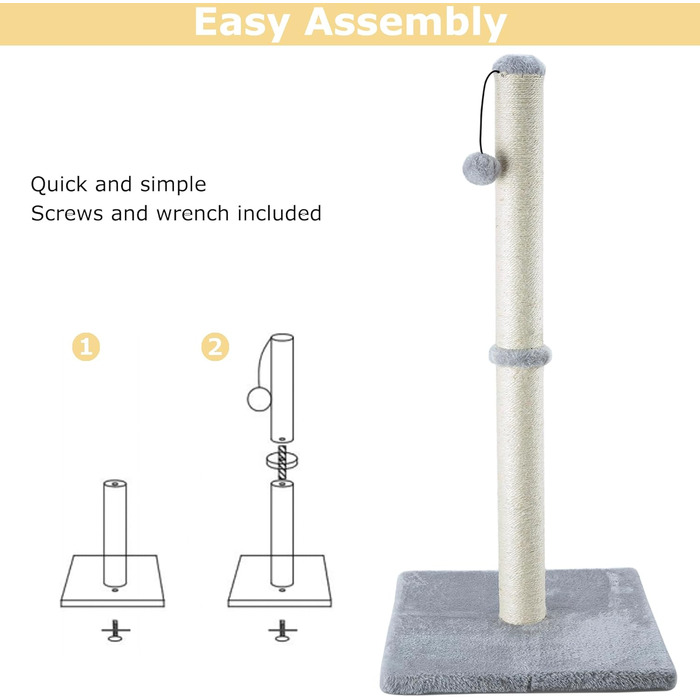 Котячий будиночок Dimaka 86,4 см: високий когтетоп з сизалю та інтерактивною іграшкою для котів (сірий)