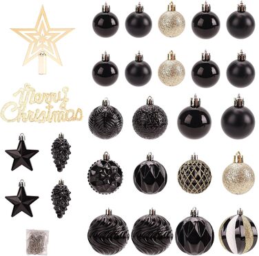 40 шт. прозорих новорічних кулі з кришкою, 6 см, прикраси для ялинки, вікна, інтер'єру та екстер'єру, чорний + золотий (різні дизайни)