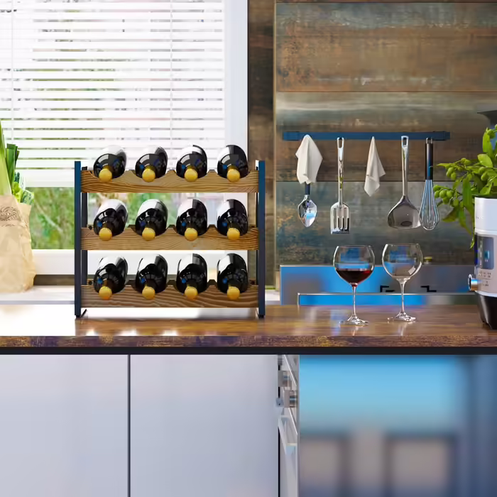 IBUYKE Wine Rack, Freestanding Wine Storage Rack, 4-Tier Shelf, For Bar Counter, Restaurant, Kitchen, Table Shelf Wine Holder, Black TMJ903H (Wood, 12 Bottles)