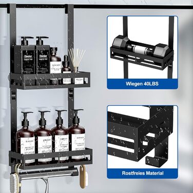 Настінна поличка для душу без свердління, органайзер для ванної кімнати з 2 кошиками, тримач для шампуню, чорний, 2 яруси