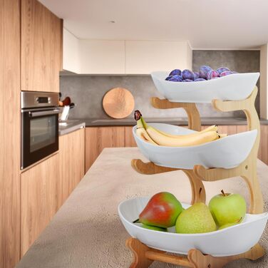 Dimono® Етажерка для сервірування: 3-ярусна етажерка для подачі їжі з керамічних мисок та бамбукового підставки. Ідеально для десертів, фруктів, овочів та солодощів.