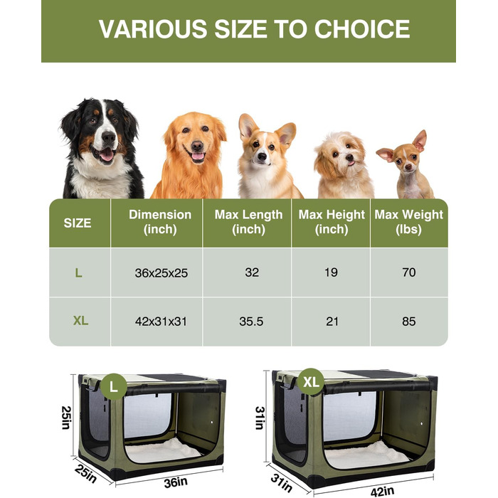 Складана переносна собача будка для середніх та великих собак, 106.7 см, з 4 дверцятами, зелена, з сумкою для зберігання (106*78*78 см)