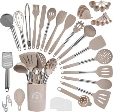 Набір кухонних помічників 45 предметів: силіконове кухонне приладдя, тримач, міксер, половник, лопатка, для миття в посудомийній машині (Хакі)