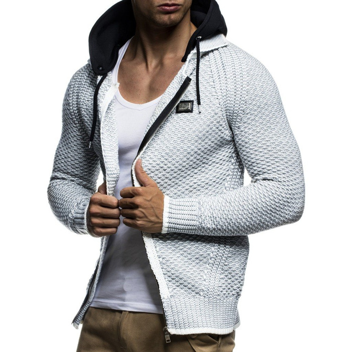 Чоловіча в'язана куртка Leif Nelson з відстібаною капюшоном та блискавкою - чоловічий кардиган з м'якого трикотажу для зими та літа XXL, бежево-сірий