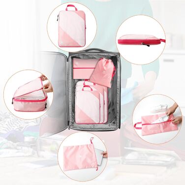 Набір органайзерів для валізи AiQInu: 5 шт. з компресією, мішки для білизни та взуття, рожевий