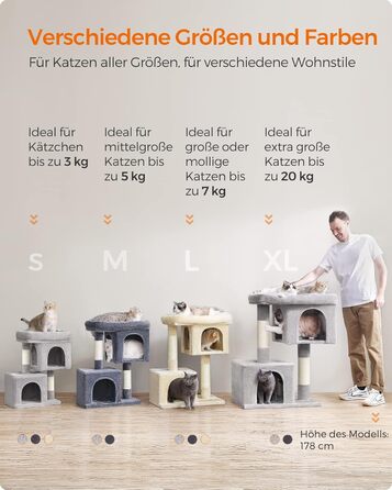 Feandrea Cat Tree, 84 cm Cat Tree, L, Cat House for Large Cats up to 7 kg, Large Platform, 2 Cat Caves, Sisal Posts, PCT61W (XL (68 x 48 x 101 cm), Light Grey)