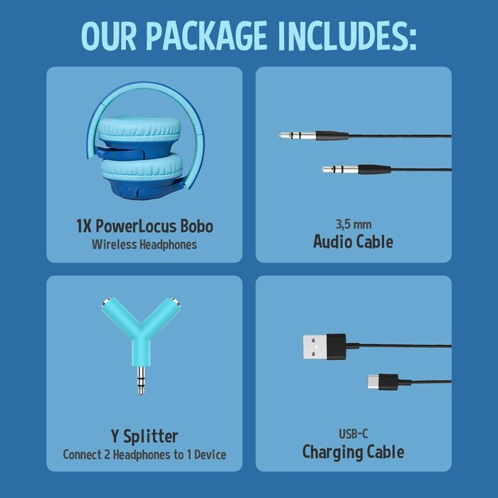 Дитячі навушники PowerLocus Bobo Bluetooth з обмеженням гучності, LED-підсвічуванням, складні, з мікрофоном для телефону/планшета/подорожей (блакитний/чорний)