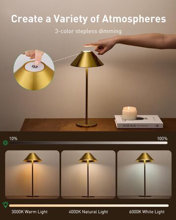 LED-лампа настільна бездротова золота, 2 шт. - акумулятор, USB, сенсорне керування, IP54, для дому та вулиці