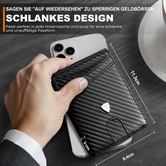 Чоловічий тонкий гаманець RFID захистом з карбонової шкіри, Portmonee з 11 відділеннями для карток, віконцем для ID, відділенням для грошей, мінімалістичний гаманець з подарунковою коробкою - Чорний