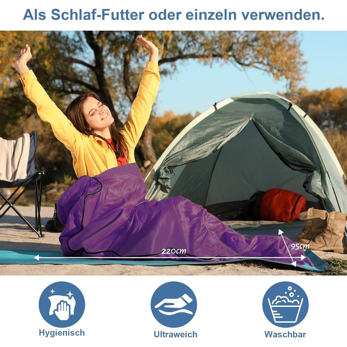 Спальний мішок туристичний 2в1 з мікрофібри, 220x95 см, для кемпінгу, хостелів та гірських притулків, зелений/фіолетовий