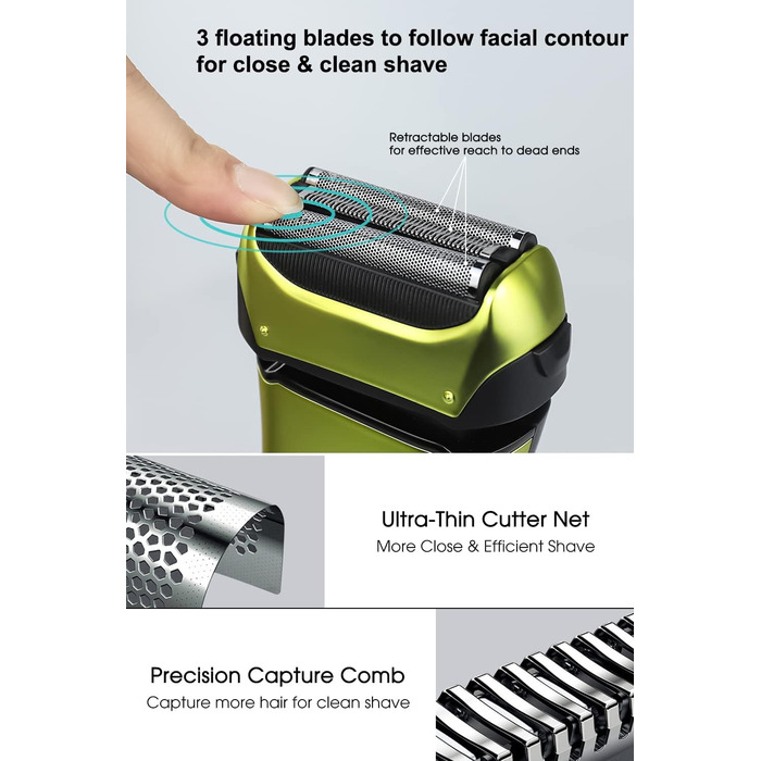 Електричний чоловічий бритва та тример з 3 гнучкими лезами, акумуляторний, бездротовий, з чохлом для подорожей, для мокрого та сухого гоління, час роботи 100 хв, подарунок для чоловіка, колір: смарагдово-зелений