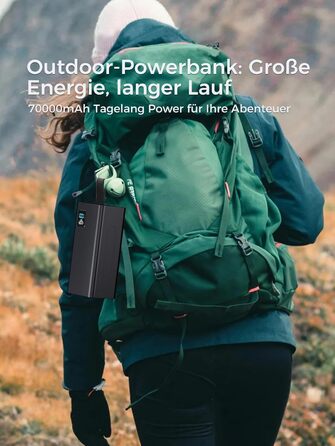 Powerbank Upgrade 70000 mAh: Швидка зарядка 30W PD, 5 виходів USB-C, LED дисплей, портативний зарядний пристрій для iPhone, кемпінгу - Чорний