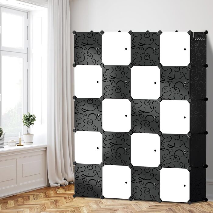 DIY Closet Shelf System, 16 Cubes Wardrobe Closet, Open Closet, Plastic Wardrobe with Doors, Wardrobe Cabinet, Black, 180 x 142 x 37CM (Black and White, 20 Cubes)