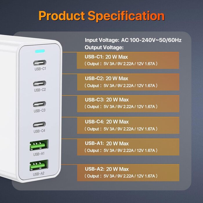 Зарядний пристрій USB-C 500W, GaN PD PPS 8 портів, швидка зарядка для MacBook Pro/Air, iPad, iPhone 15/16, Galaxy S23 - білий