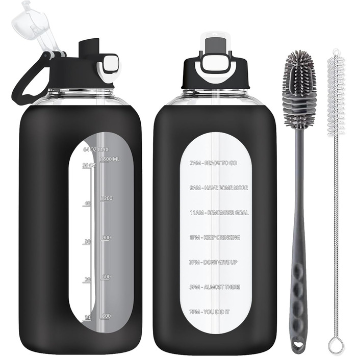 2 Liter Glass Drinking Bottle, 2l Glass Bottle, Glass Water Bottle with Straw, Bottle Brush, Black
