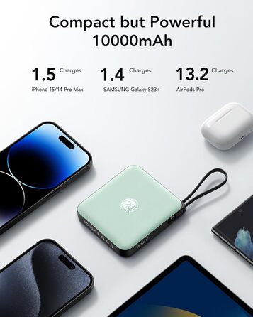 Power Bank VRURC 10000mAh з кабелем: компактний акумулятор USB-C, швидка зарядка 22.5W, LED-дисплей, сумісний з iPhone, Huawei