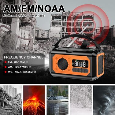 Радіо на сонячній батареї з ручним заводом 12000 mAh, AM/FM/NOAA, ліхтарик, SOS-сигнал, Power Bank – помаранчеве в смужку 