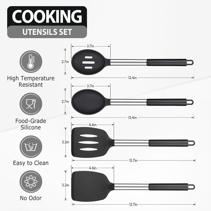 Silicone Spatula and Spoon Set, 4-Piece Silicone Kitchen Utensils Cooking Utensil Set with Stainless Steel Handle, Non-Stick Heat-Resistant Black Cooking Utensil Set, Healthy, Dishwasher Safe