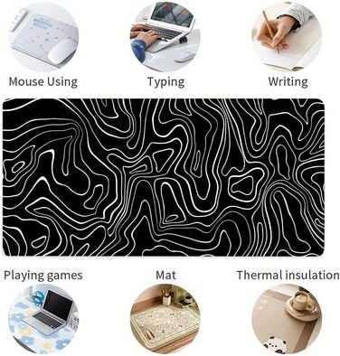 Великий килимок для столу 800x400 мм - ігровий килимок для миші з прошитими краями, неслизька підкладка, килимок для клавіатури та миші Black & White Abstraction (Топографічна лінія)