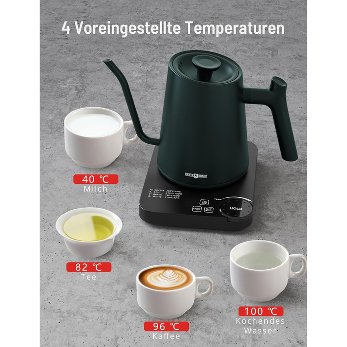 Paris Rhone Swan Neck Electric Kettle - 0.9L Temperature Control Kettle with Display, Knob, and 24-Hour Keep Warm Function - Dark Green