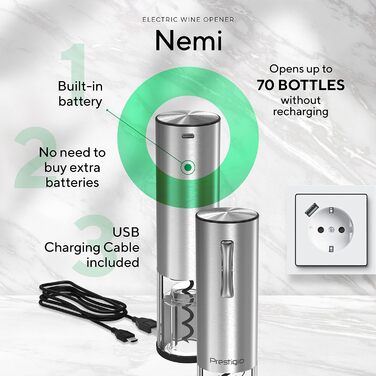 Premium Electric Wine Opener with Charging Station - Integrated Foil Cutter - Packaged in a High-Quality Gift Box - Black/Silver (Nemi - Silver)