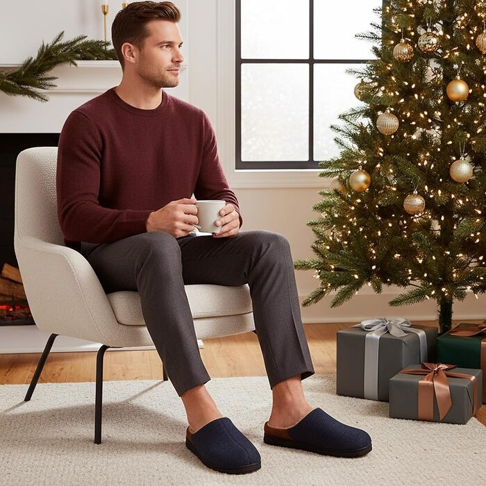 Чоловічі халати-тапочки LongBay з ефектом вовни, теплі, з піною Memory Foam та м'яким Sherpa-підкладкою, для дому та вулиці, 42 EU, темно-синій