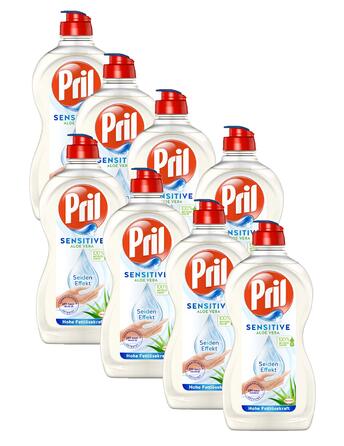 Засіб для миття посуду вручну Pril Sensitive Aloe Vera, pH-нейтральний з ефектом шовку, 8 x 450 мл