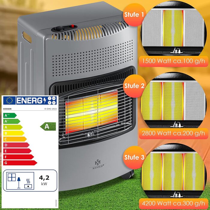 Газовий обігрівач KESSER® 4200W з керамічним пальником, регулятором тиску газу, шлангом та захисним чохлом. Підходить для балонів бутан/пропан до 15 кг.