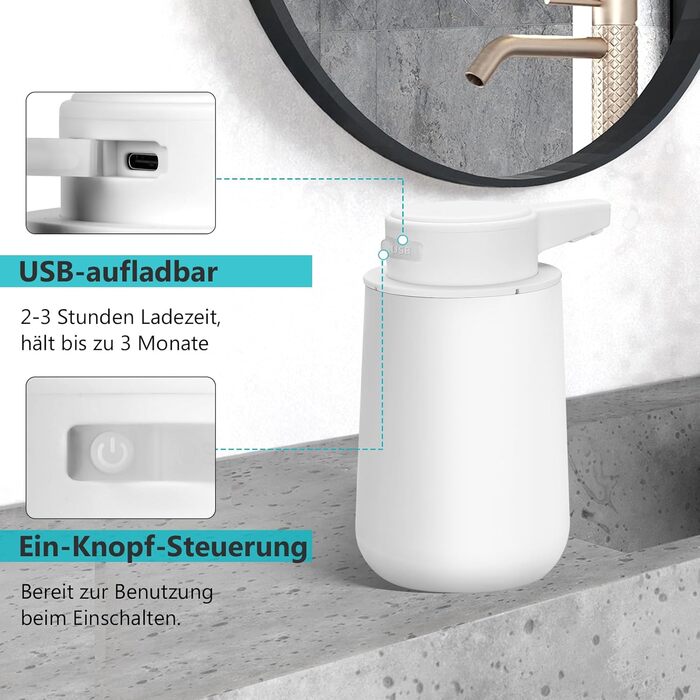 Phneems Soap Dispenser Automatic Foam Soap Dispenser Electric Soap Dispenser With Sensor 250ML Soap Dispenser Automatic USB Rechargeable IPX5 Waterproof FOR Bathroom Kitchen White